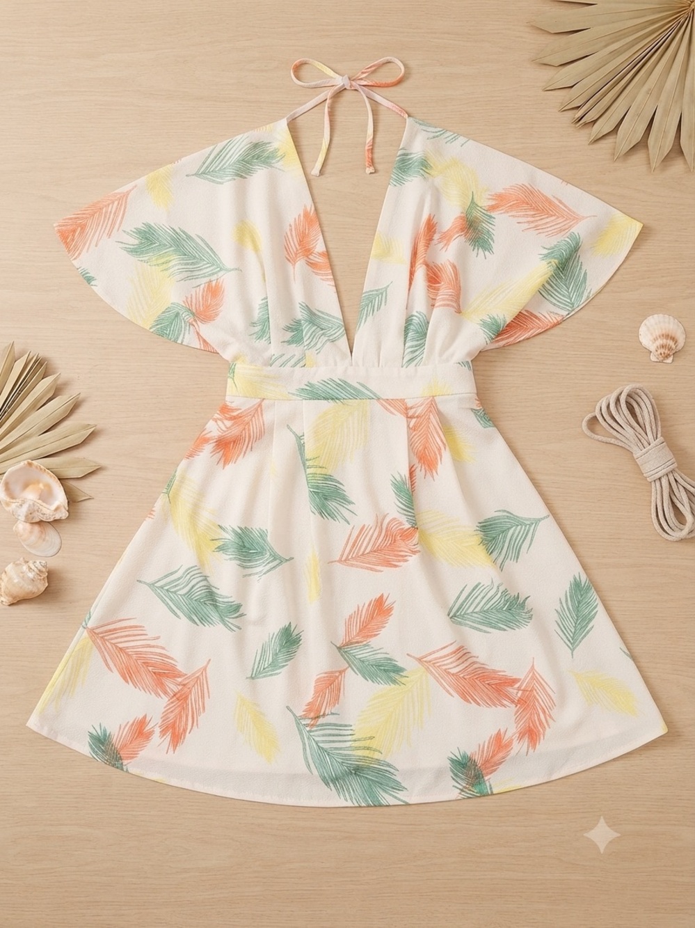 Tropical Palm Leaf Plunging V Neck Dress Open Back Tie Waist Bow Mini